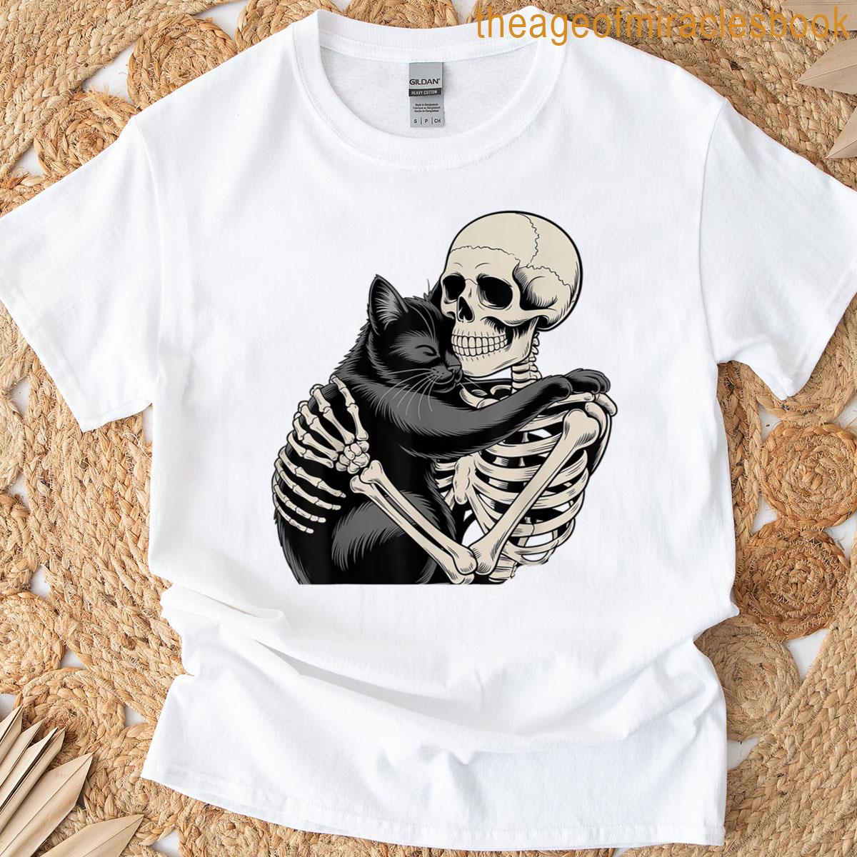 Skeleton Hugging Cat Halloween T-shirt