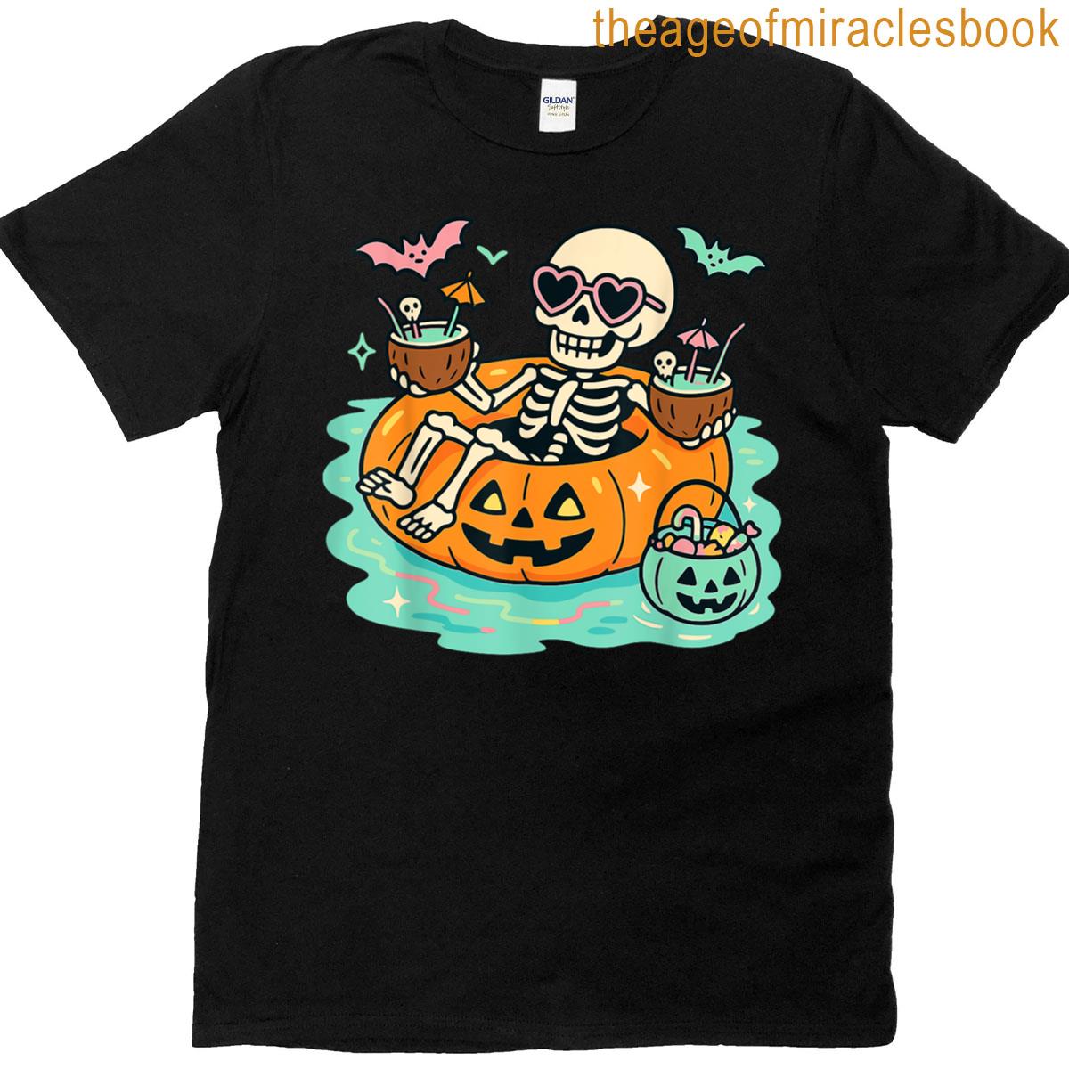 Summer Skeleton In Pumpkin Float Cute Spooky Pool Halloween T-shirt