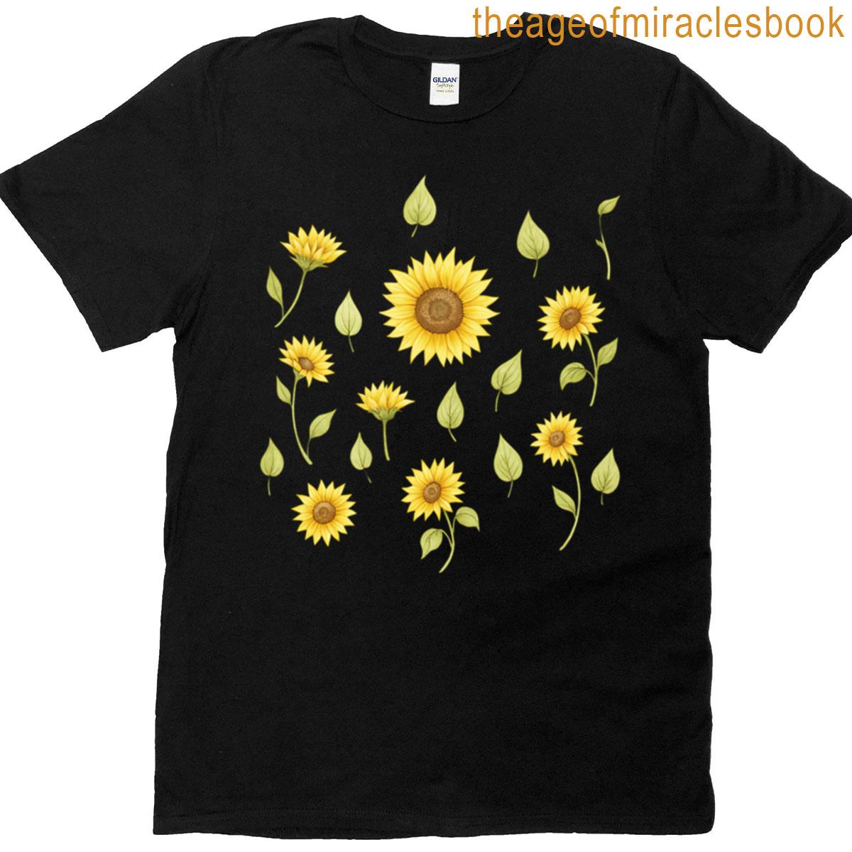 Vintage Botanical Sunflower And Leaf Pattern T-shirt