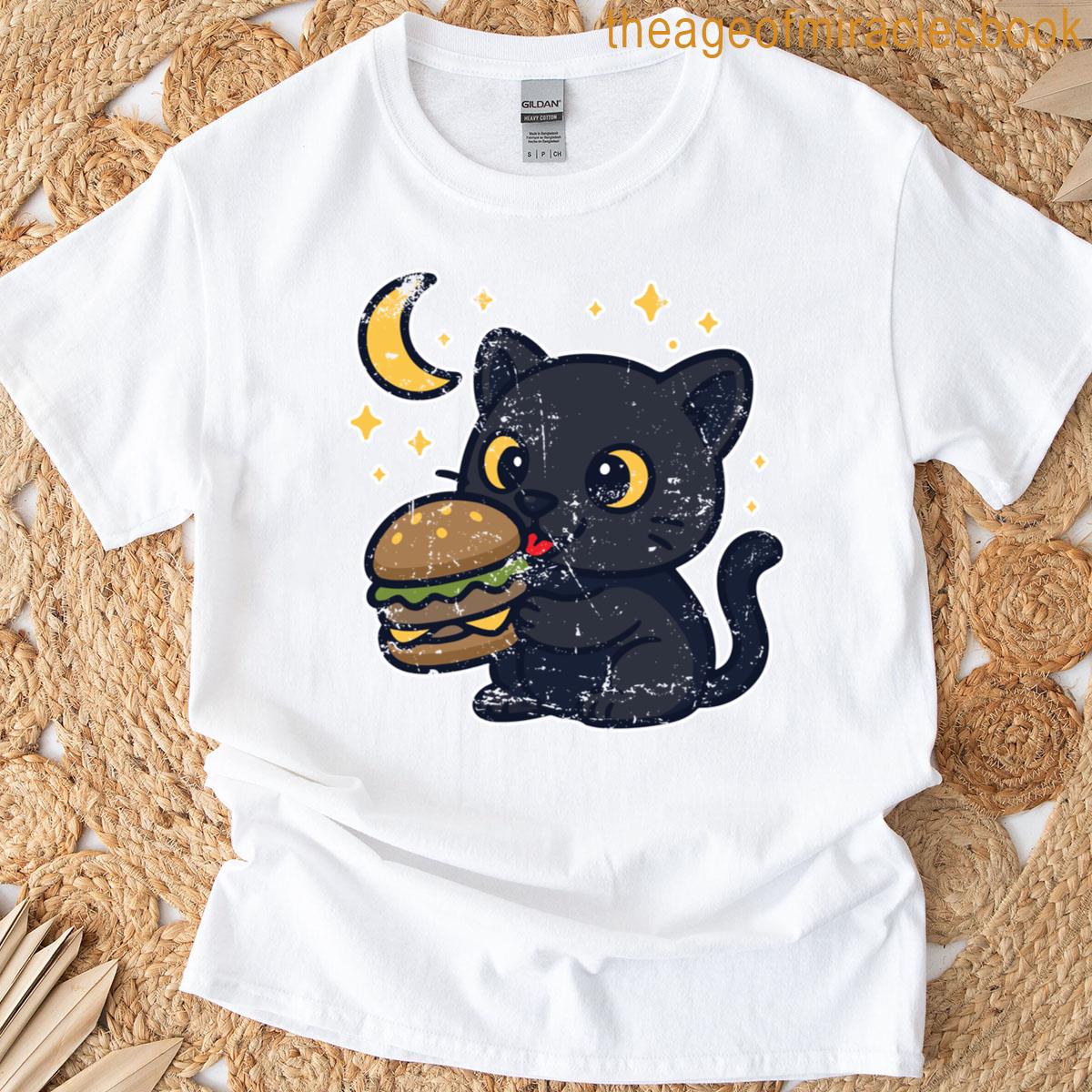 Black Cat Night Burger Cartoon T-shirt