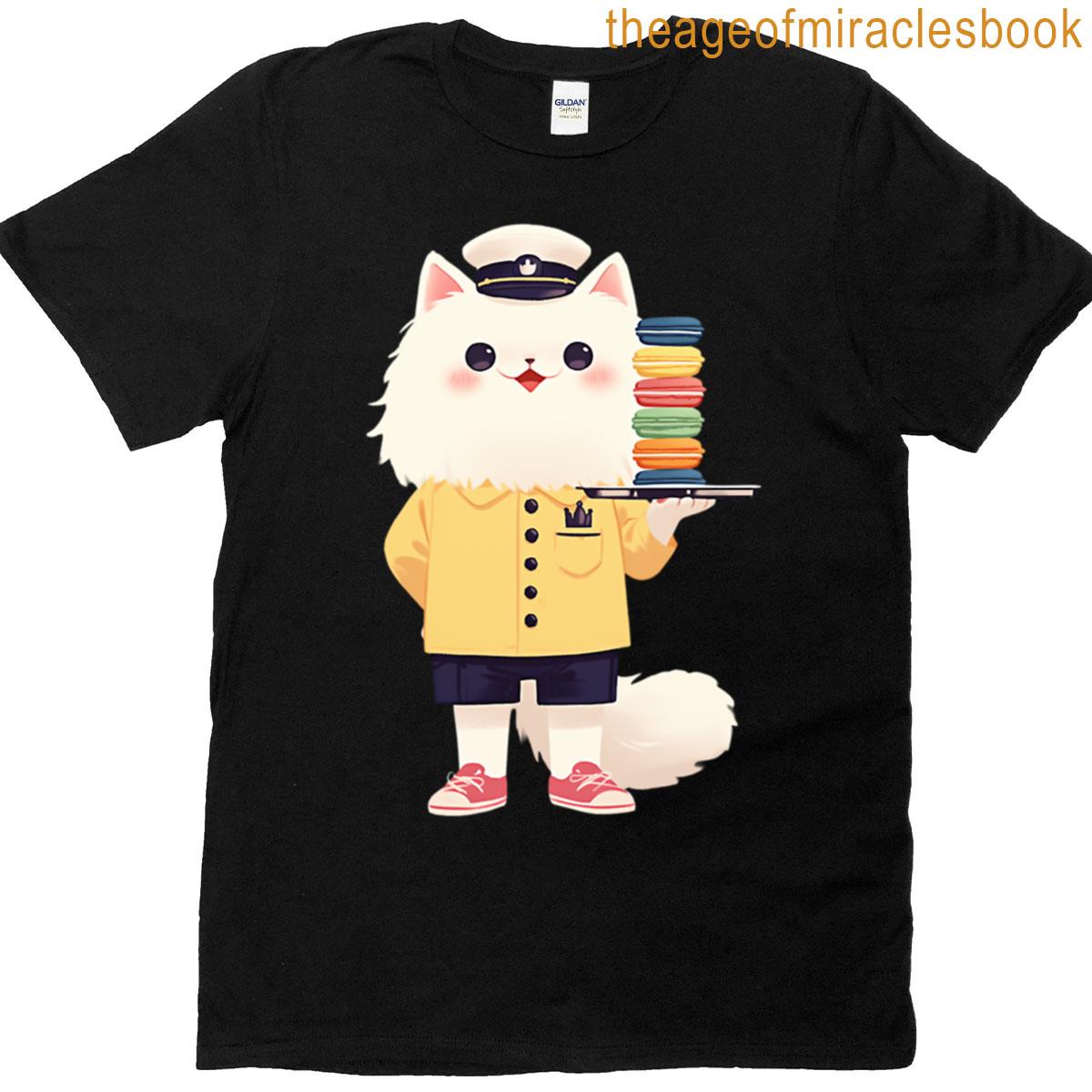Captain Cat With Macarons Cute Fluffy Pastry Server T-shirt