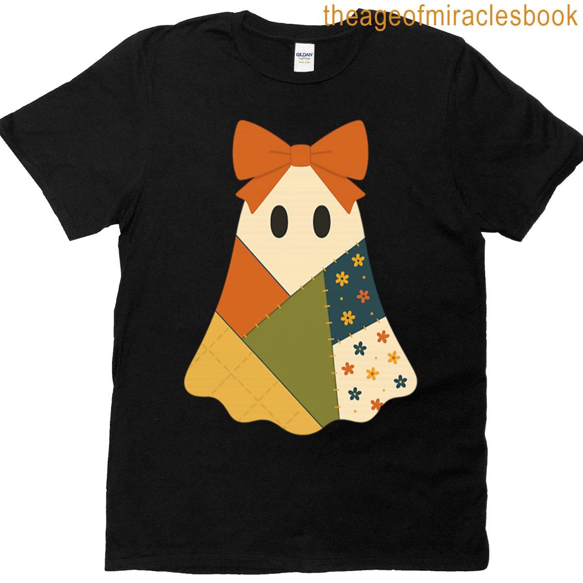 Cute Halloween Patchwork Ghost Bow T-shirt