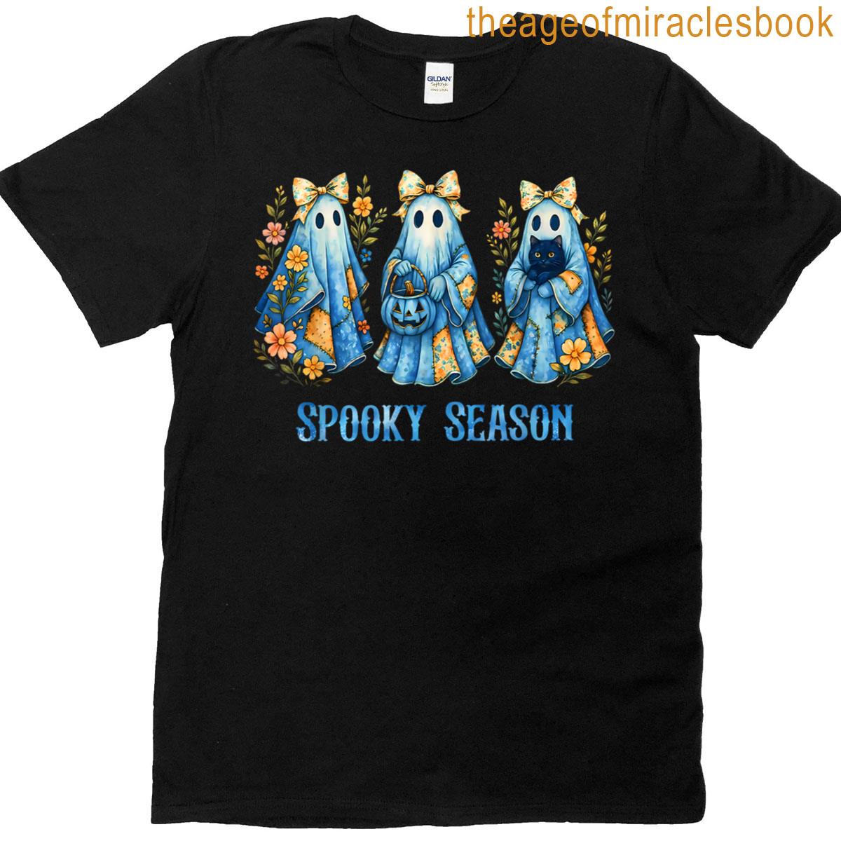 Spooky Season Halloween Blue Denim Ghost Patchwork Spooky T-shirt