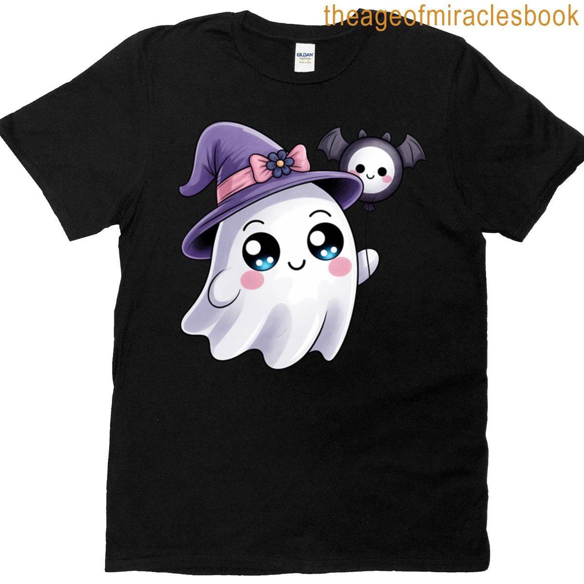 Adorable Ghost With Witch Hat And Bat Balloon T-shirt
