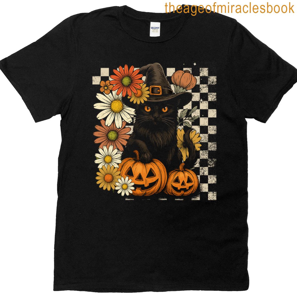 Boho Floral Fall Black Cat Halloween T-shirt