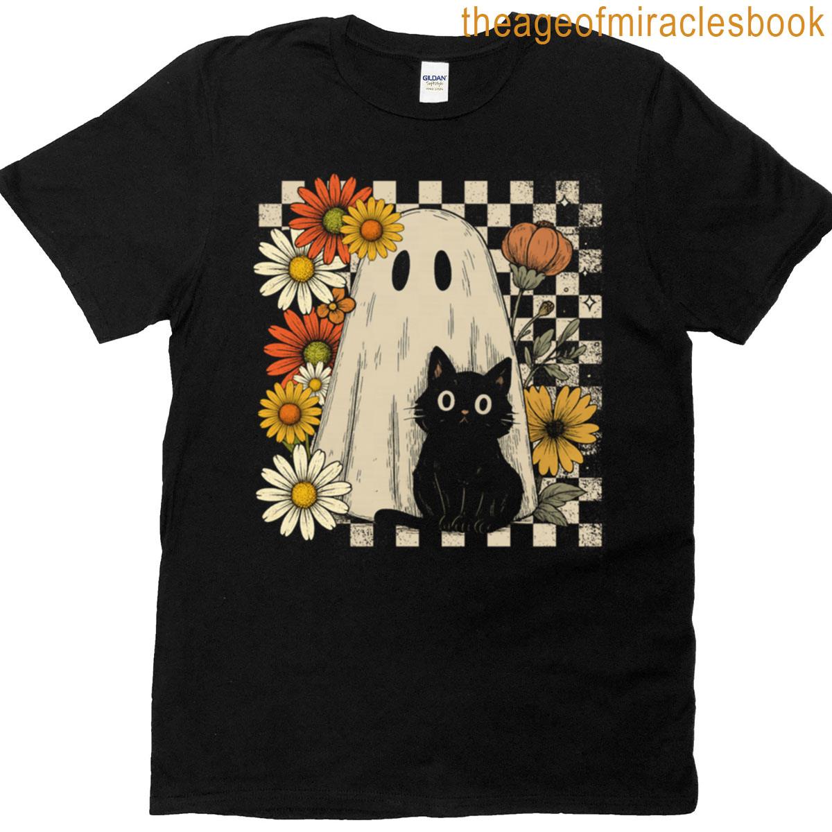 Boho Floral Fall Ghost And Black Cat Halloween Fall Ghost T-shirt