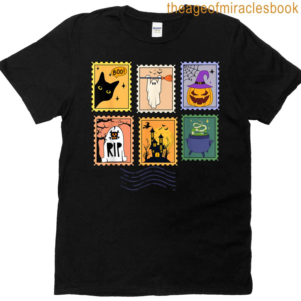 Halloween Cute Ghost Pumpkin Cat Retro Fall Postage Stamp T-shirt