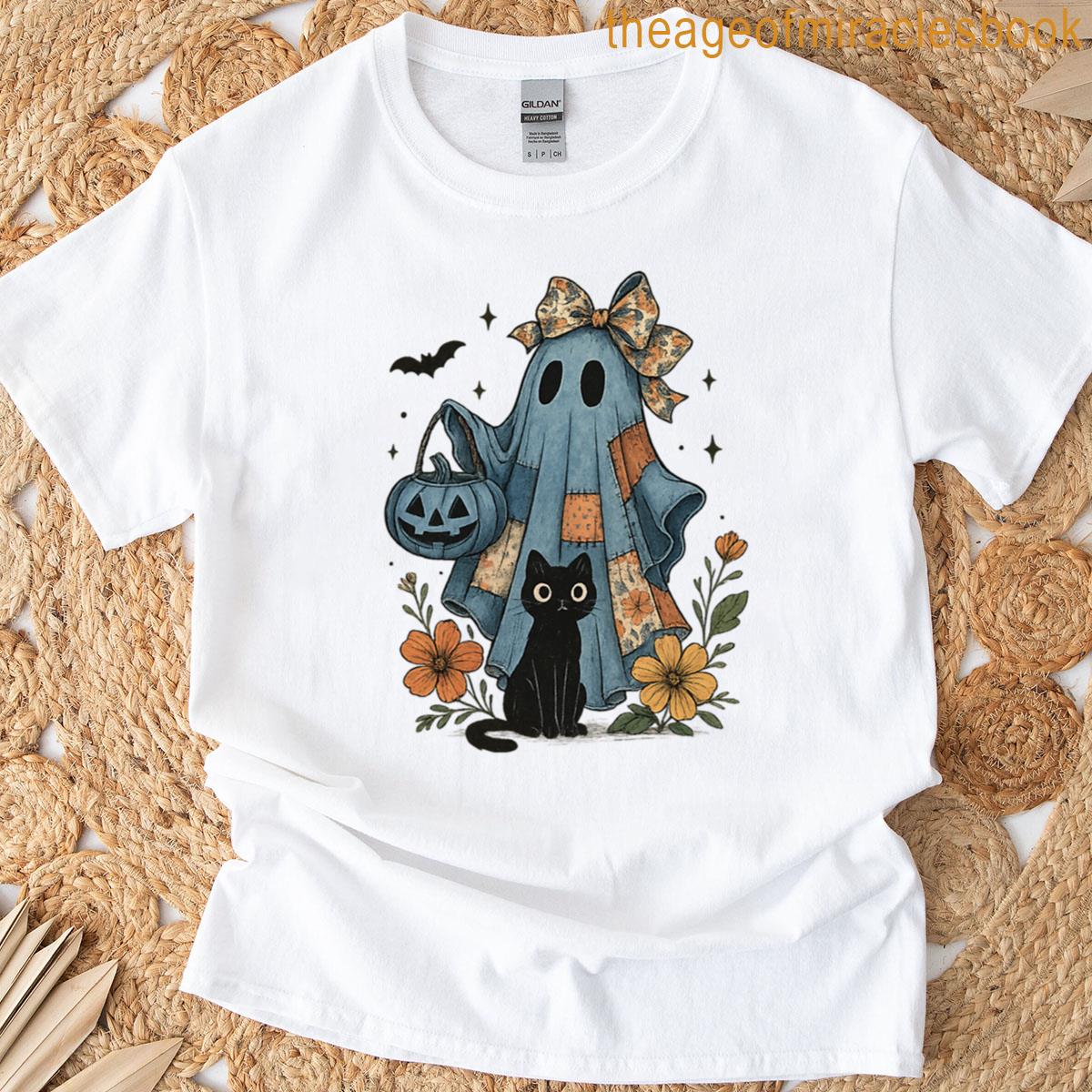 Patchwork Halloween Ghost Black Cat T-shirt