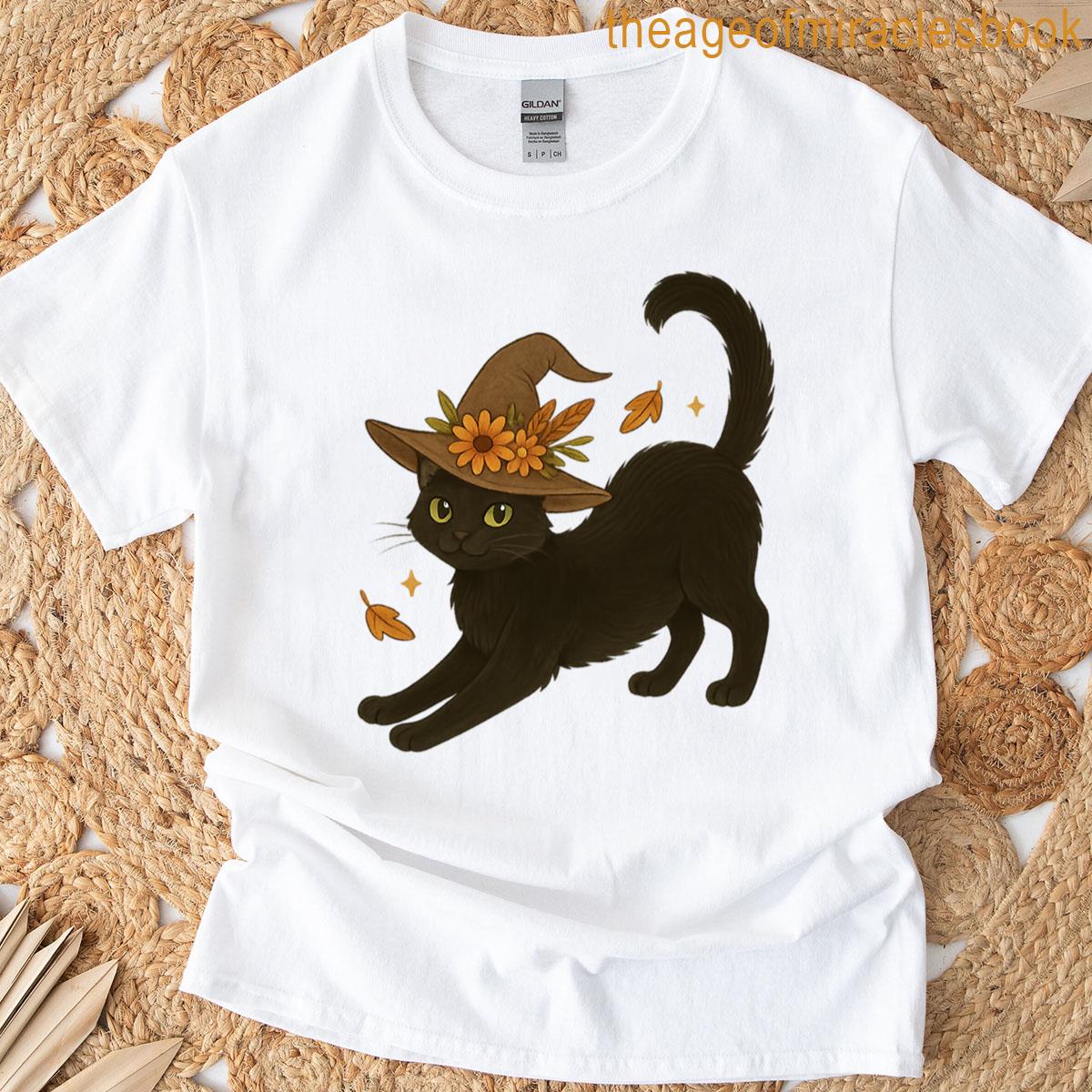 Stretching Black Cat Witchy Autumn T-shirt