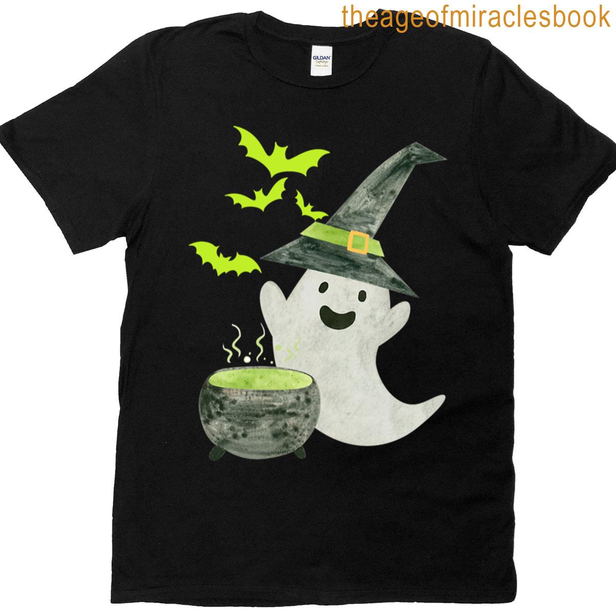 Witchy Ghost With Cauldron And Bats Halloween Design T-shirt