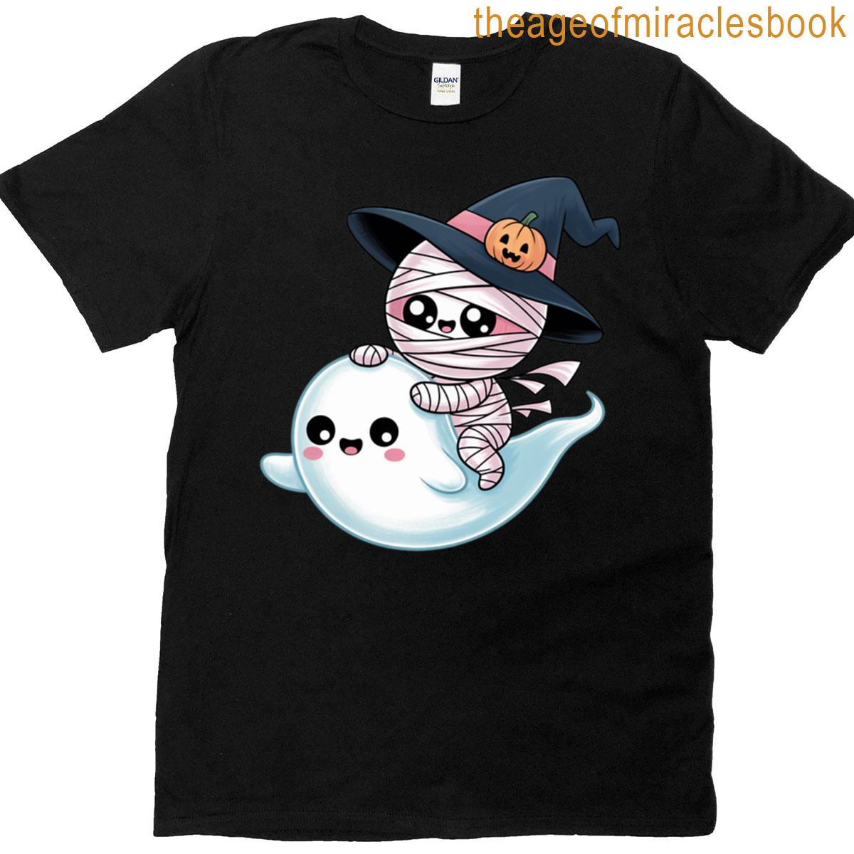 Cute Mummy Riding A Ghost With A Witch Hat T-shirt