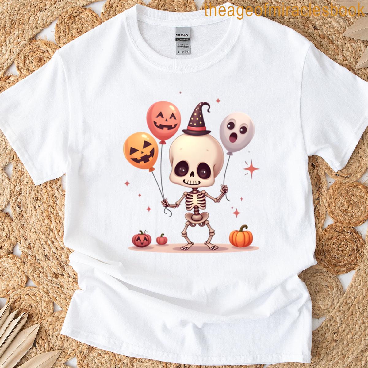 Mini Skeleton With Balloons – Spooky Cute Halloween T-shirt