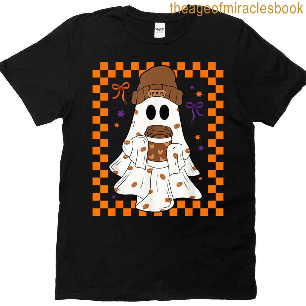 Cute Ghost Drinking Coffee Halloween Ghost Ice Coffee Womens T-shirt