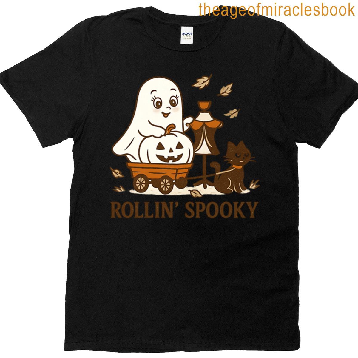 Rollin Spooky Ghost With Pumpkin And Black Cat T-shirt