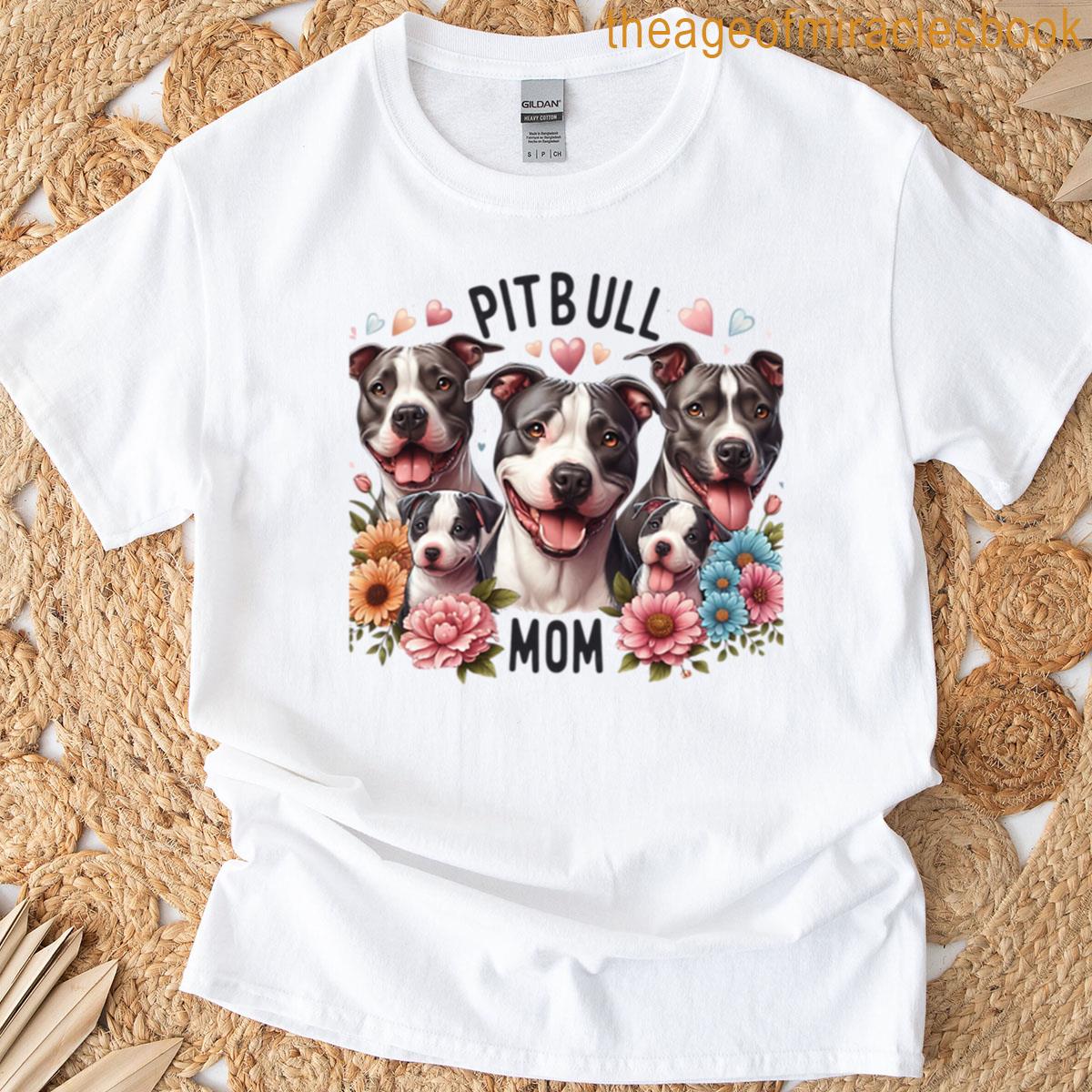 Smiling Pitbull Mom With Flowers T-shirt