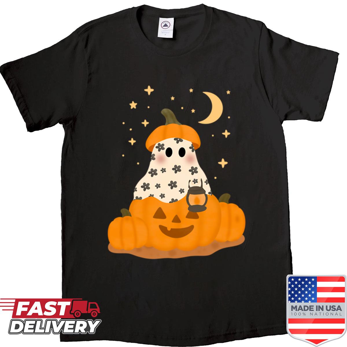 Cute Ghost With Pumpkins Halloween Seamless Pattern Shirt