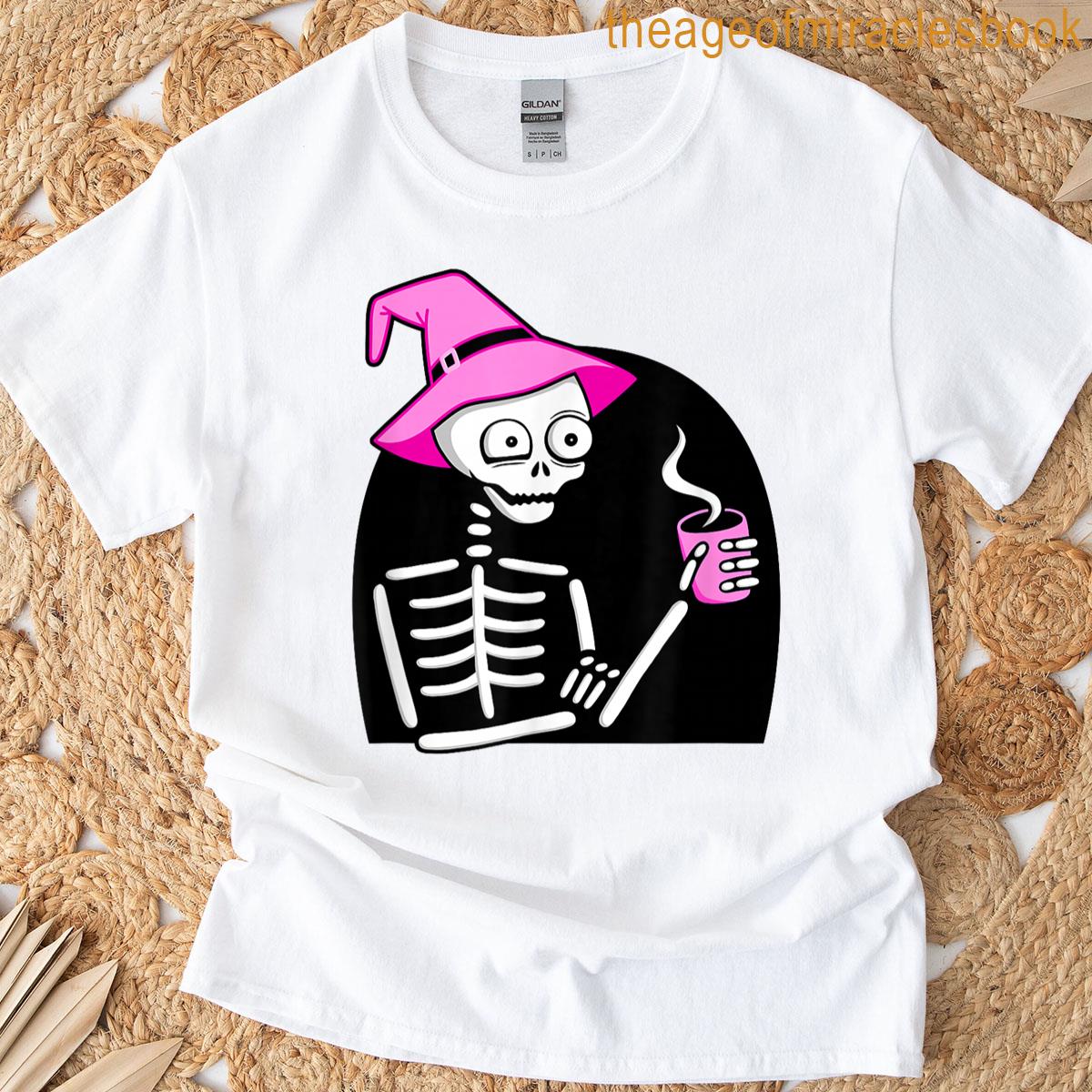 Skeleton Drinking Coffee Pink Witch Hat Halloween Funny T-shirt