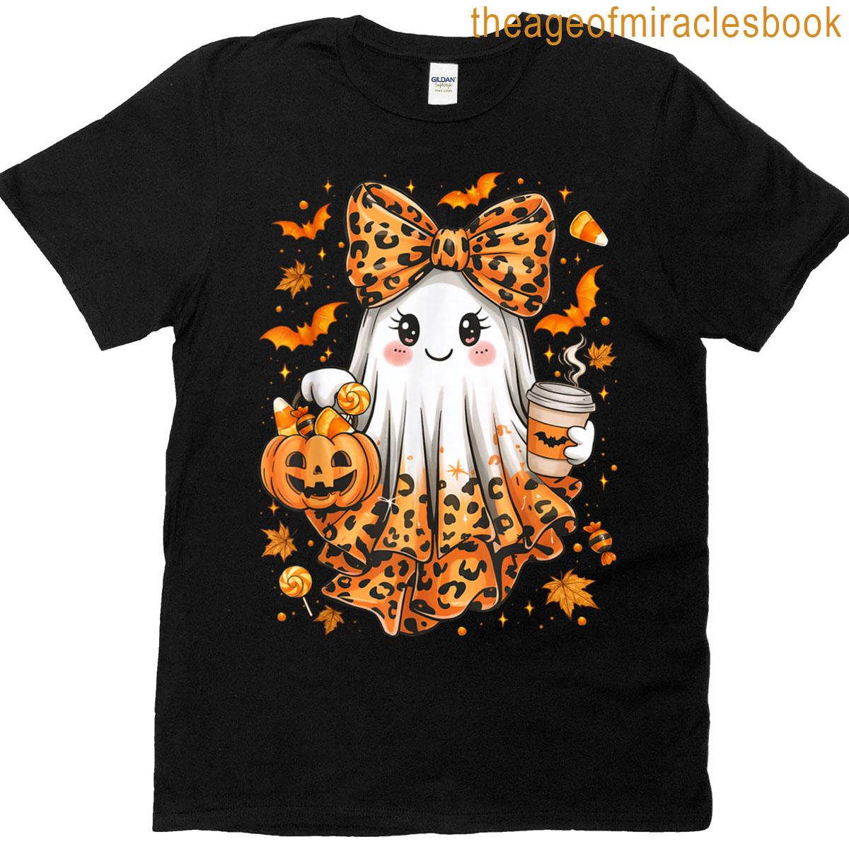Leopard Ghost Drinking Coffee Halloween Ghost Coffee Women T-shirt