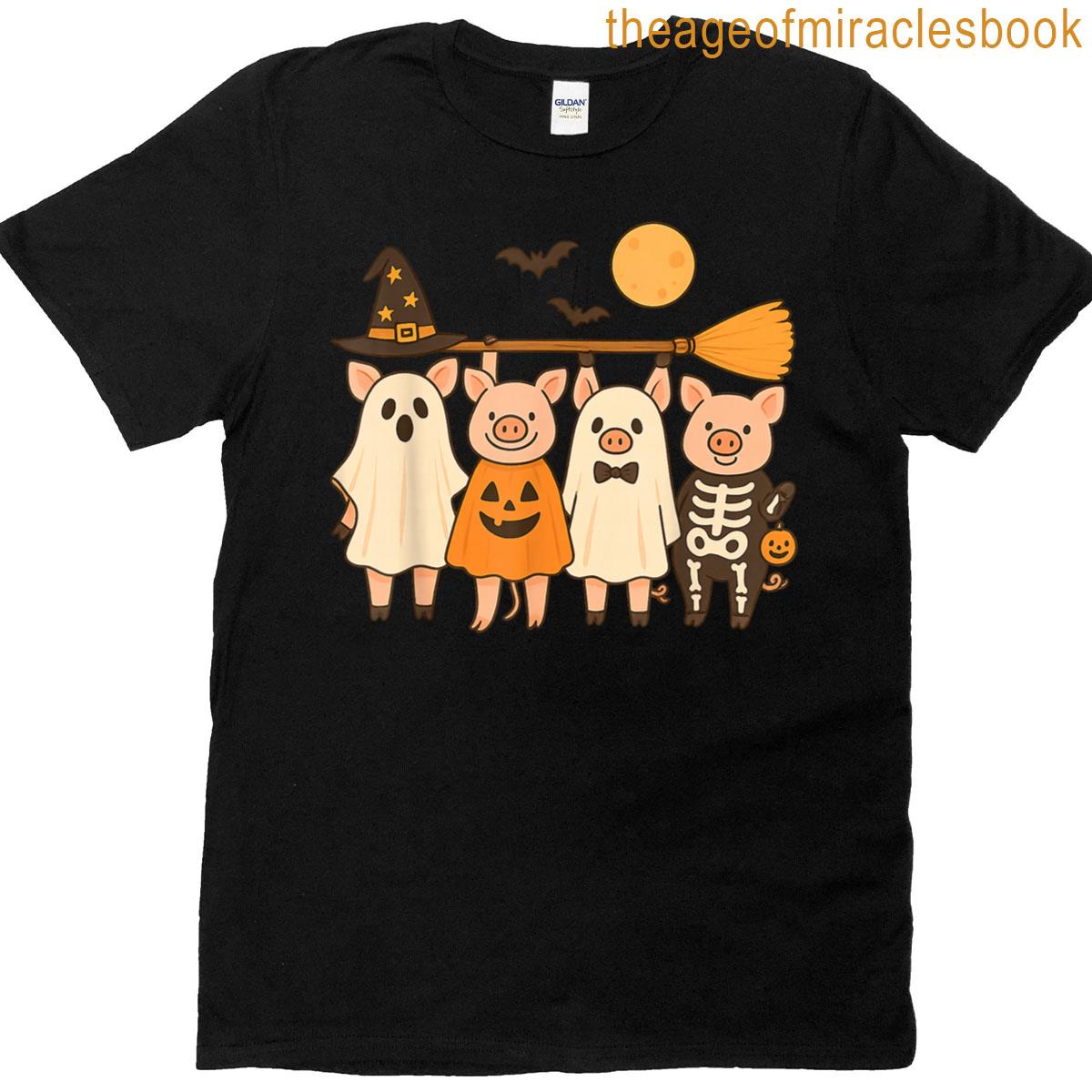 Cute Halloween Pig Ghost Pumpkin Skeleton T-shirt