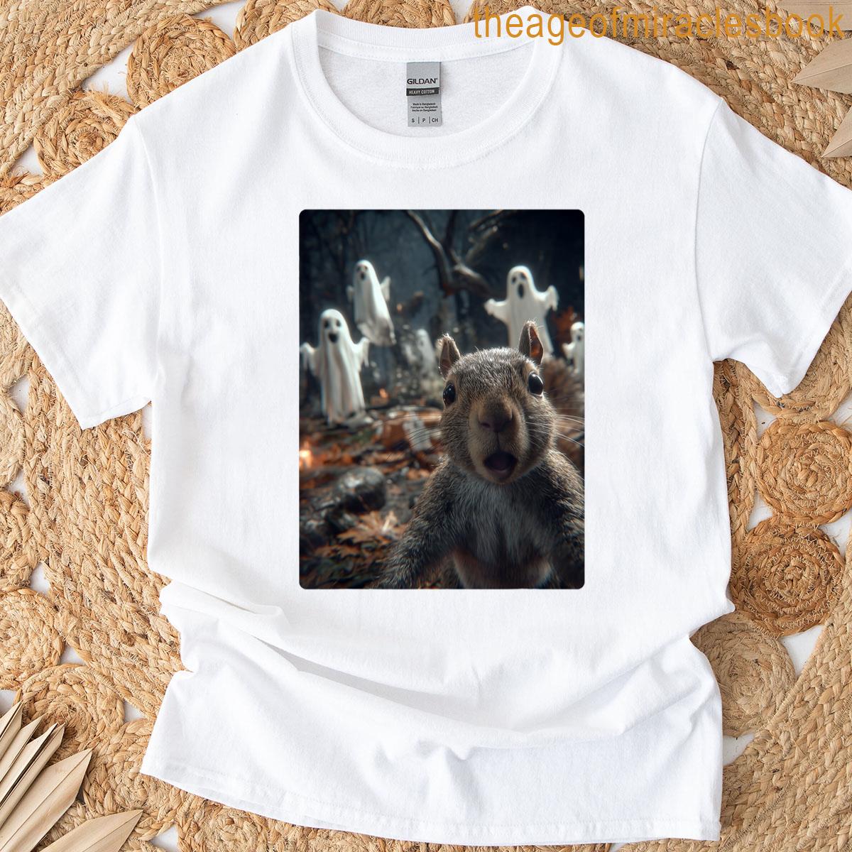 Funny Squirrel Selfie With Ghosts Haunted Forest Halloween T-shirt