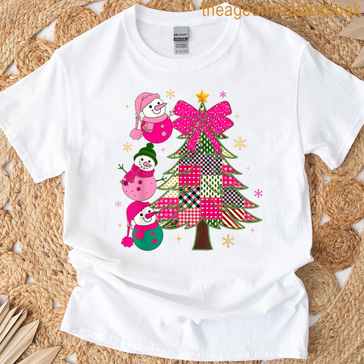 Patchwork Coquette Bow Xmas Snowman Holiday Christmas Tree T-shirt