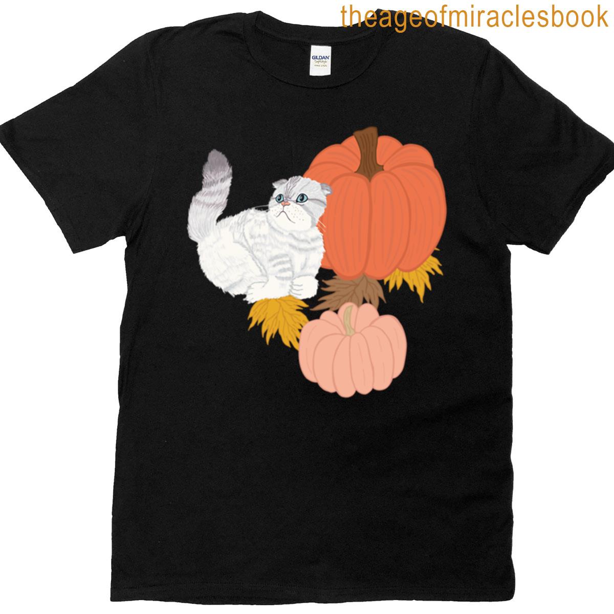 Scottish Fold Cat With Pumpkins And Fall Leaves T-shirt