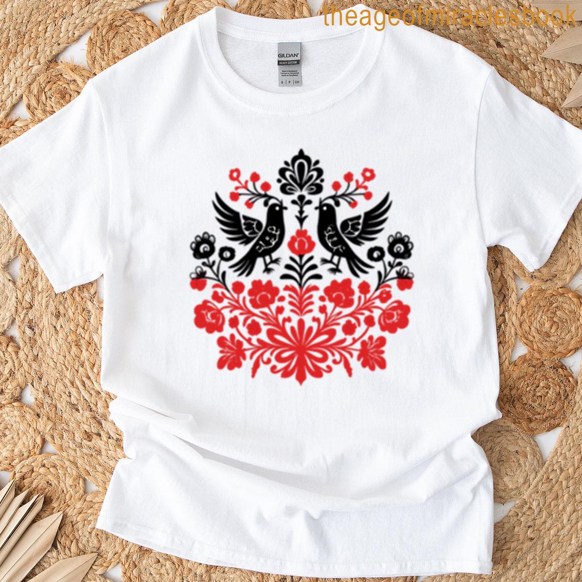 Folk Art Birds With Floral Pattern T-shirt