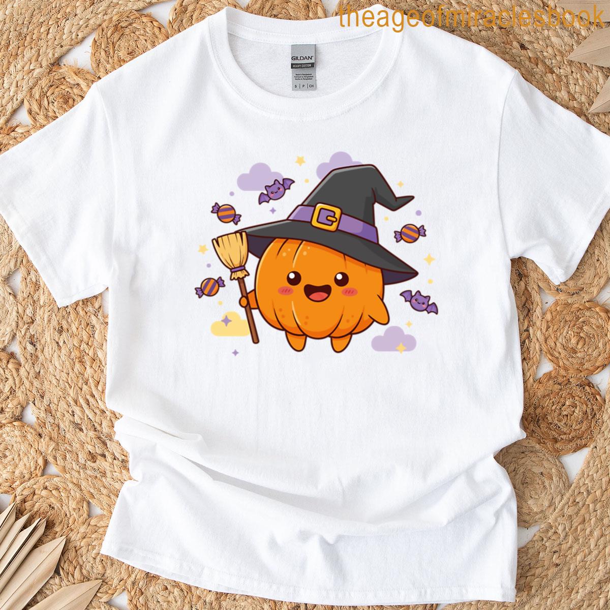 Kawaii Pumpkin Witch With Broom T-shirt