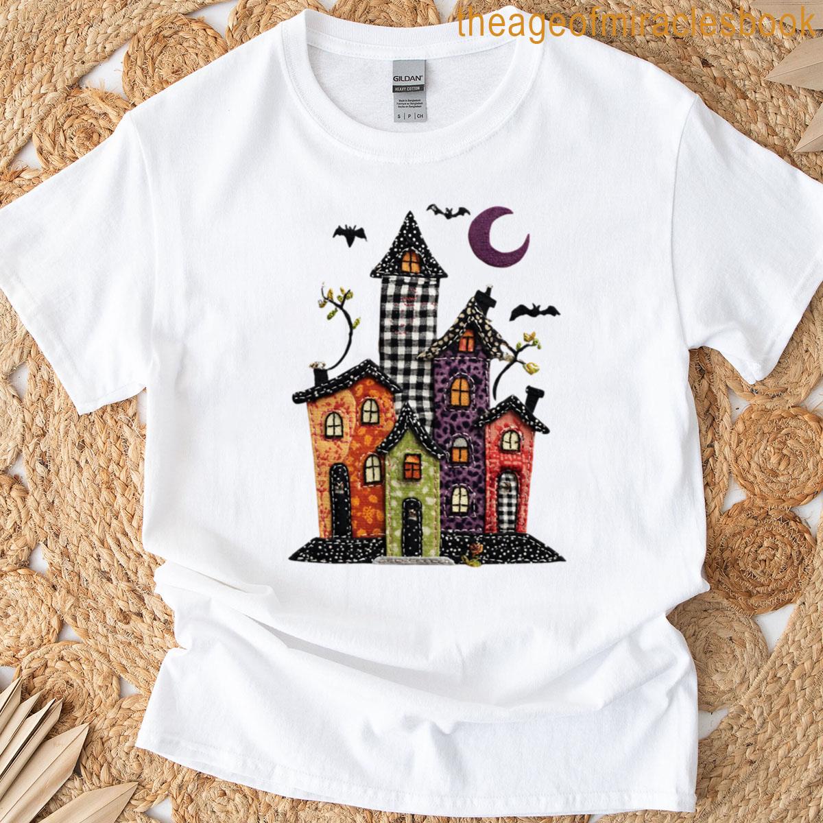 Rustic Patchwork Haunted House Cute Halloween Cottagecore Design T-shirt