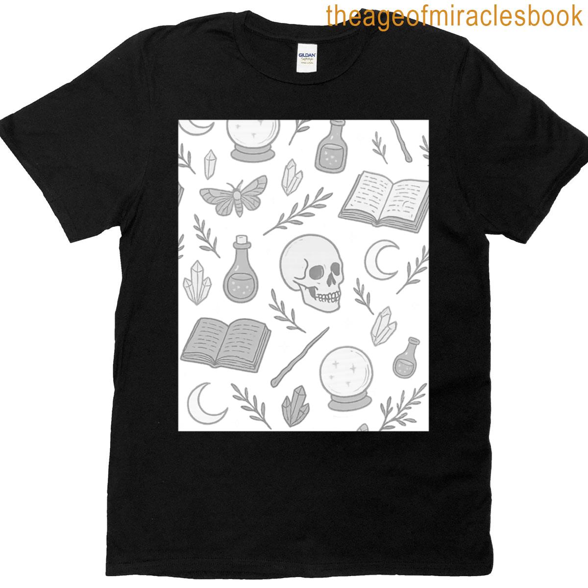 Witchcraft Pattern With Skull Moth Crystals Spell Book Graphic T-shirt