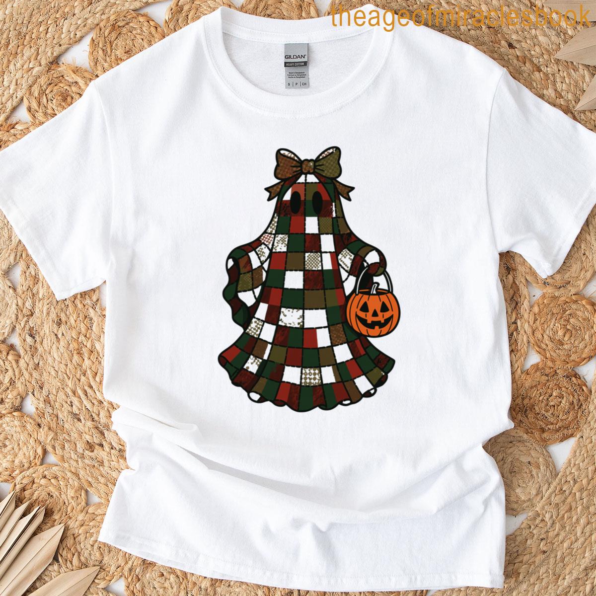 Halloween Ghost Patchwork Rustic Pumpkin Cute Fall T-shirt