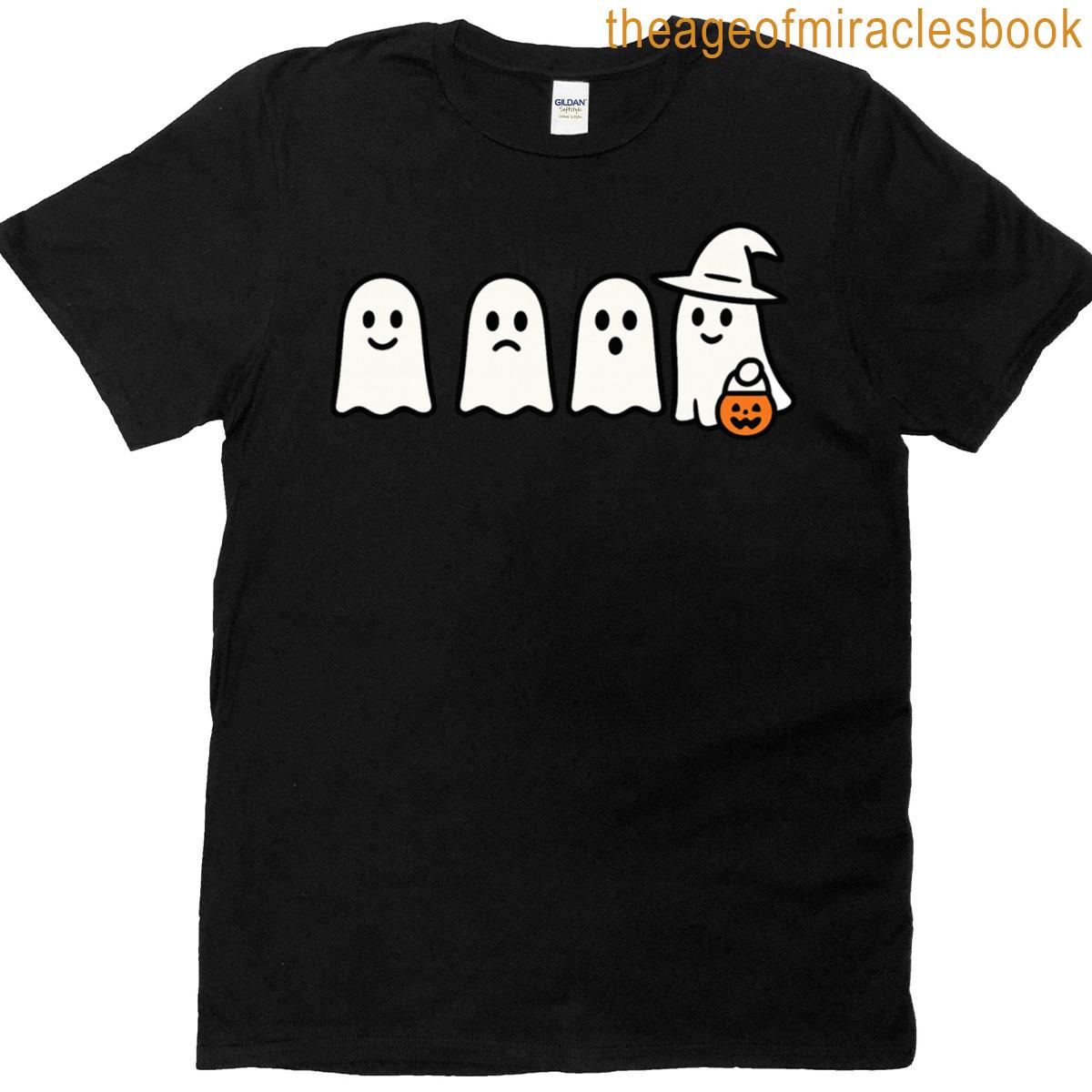 Halloween Ghosts With Witch Hat And Pumpkin Design T-shirt
