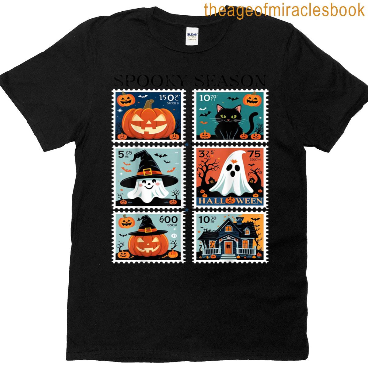 Halloween Stamp Designs Featuring Pumpkins Cats Ghosts T-shirt