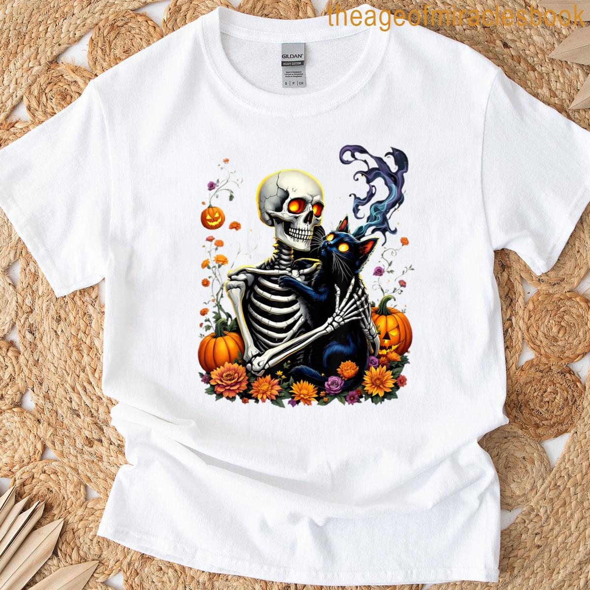 Skeleton Hugging Black Cat Halloween T-shirt
