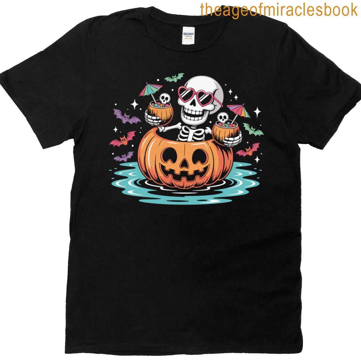 Summer Skeleton In Pumpkin Float Funny Spooky Pool Halloween T-shirt