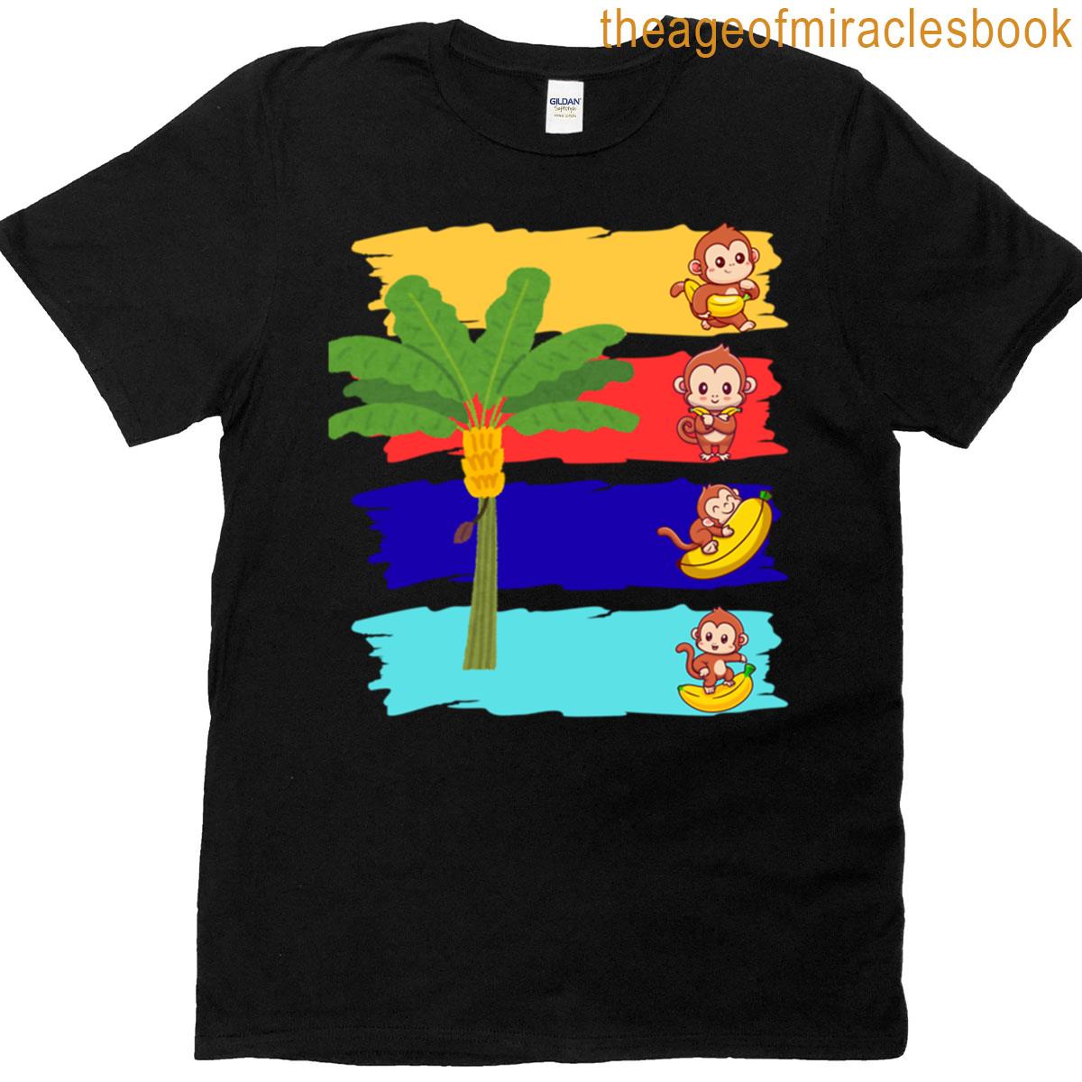 Cute Monkey Banana Tree Cartoon Design T-shirt