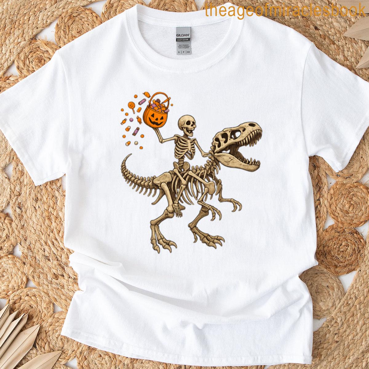 Skeleton Riding Skeleton T-rex Halloween Candy Oversized T-shirt