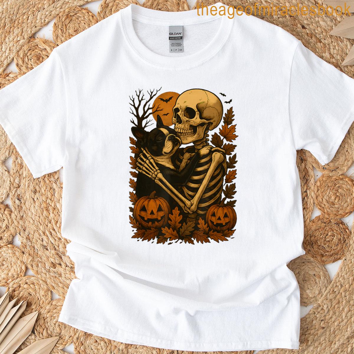 Skeleton Hugging Boston Terrier T-shirt