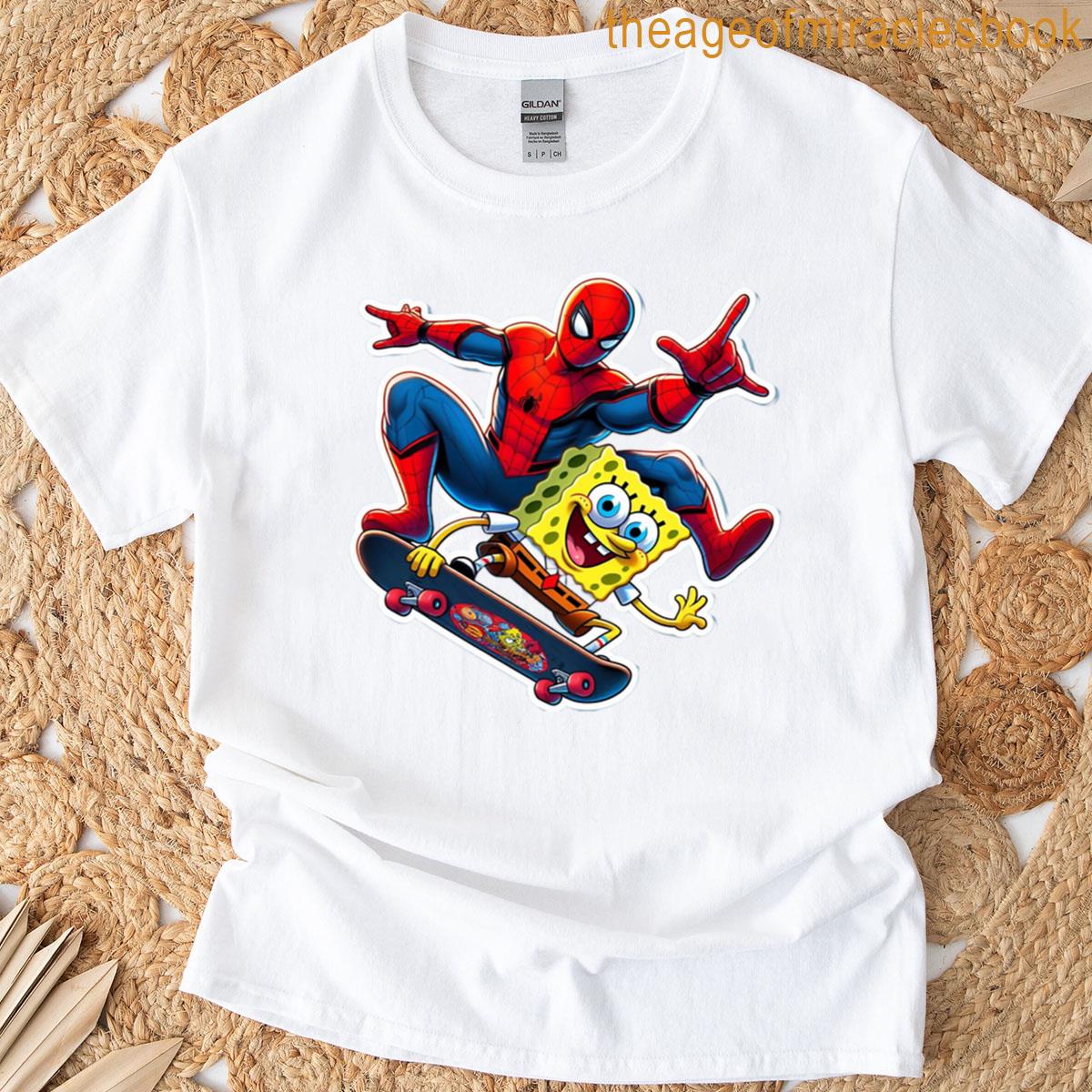 Spider-man Skateboarding With Spongebob Fun T-shirt