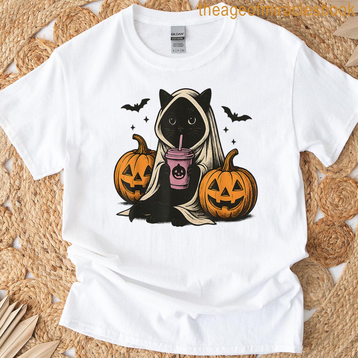 Black Cat Ghost Halloween T-shirt