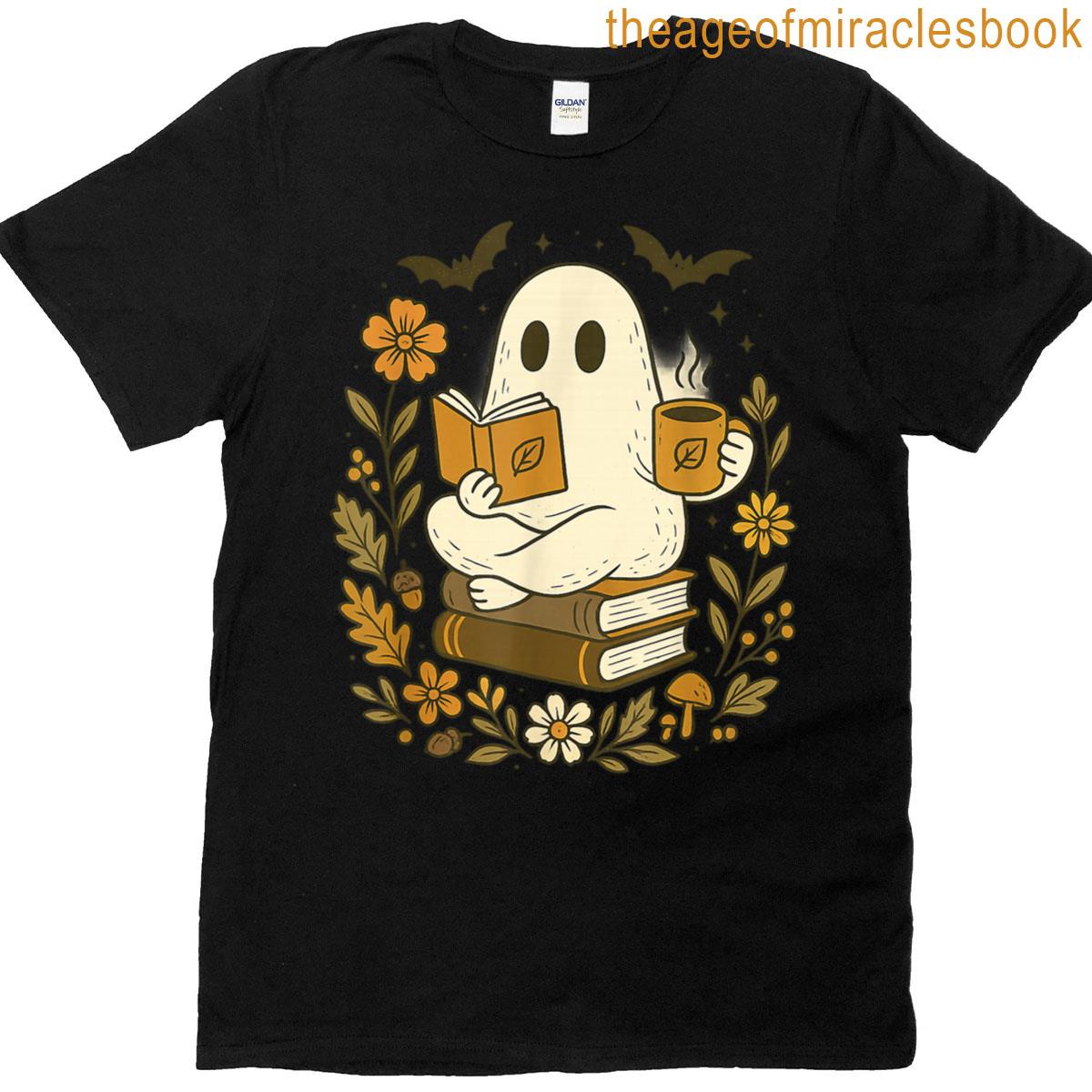 Bookish Ghost Reading With Coffee Cute Halloween T-shirt