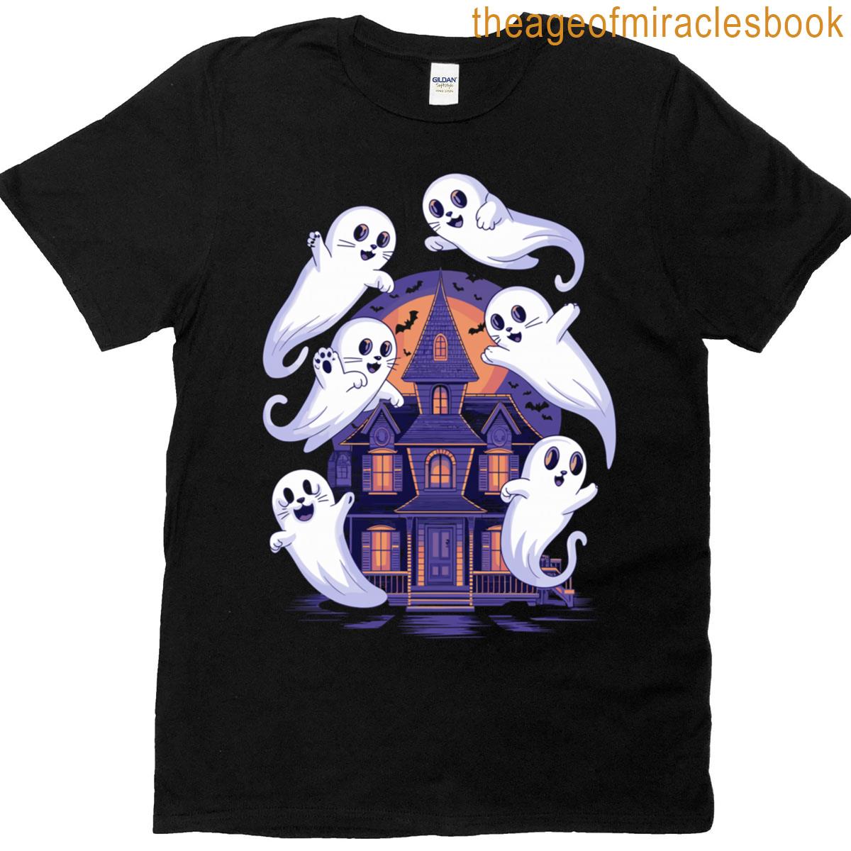 Cute Ghost Cat Trio Halloween Design T-shirt