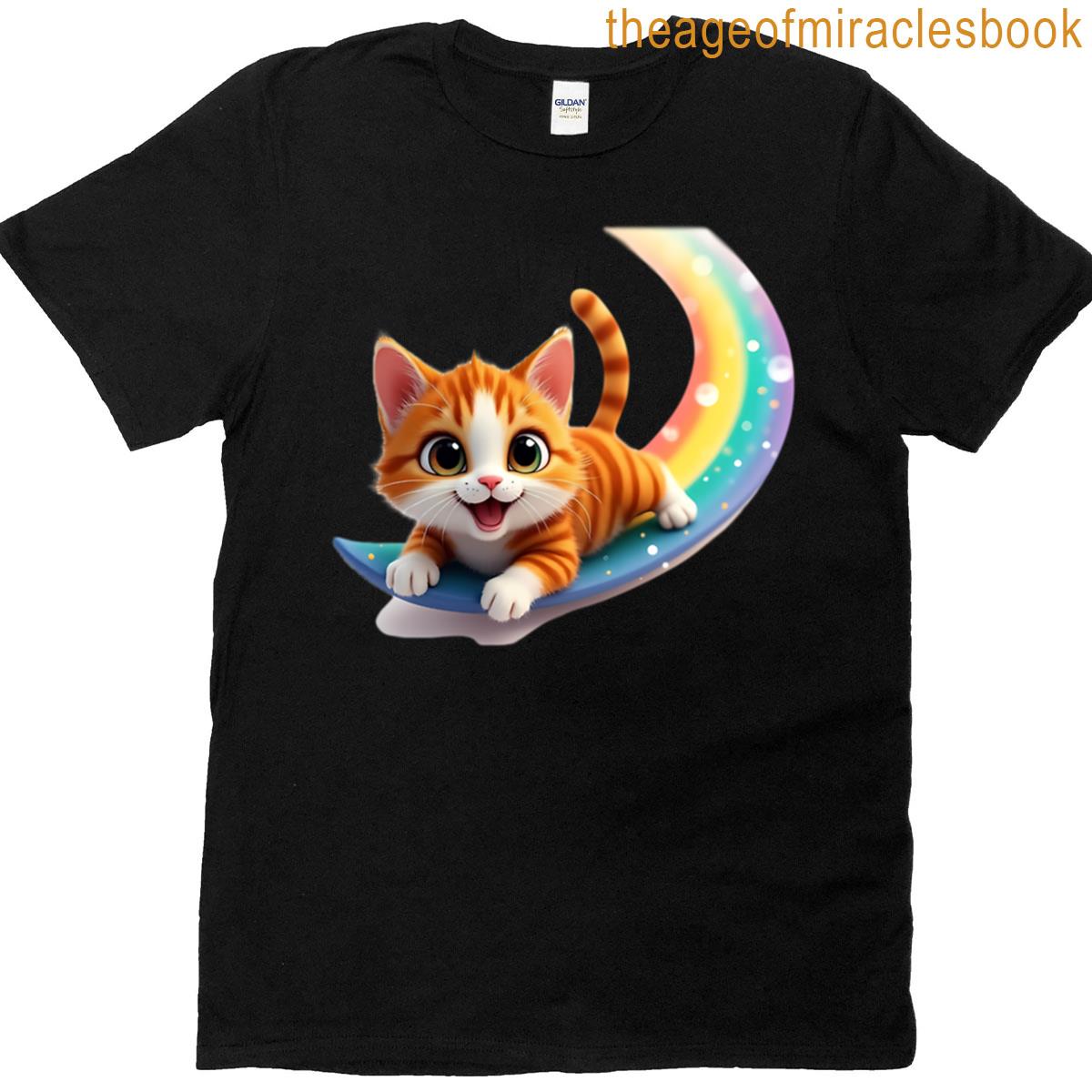 Cute Kitten Surfing On A Rainbow T-shirt