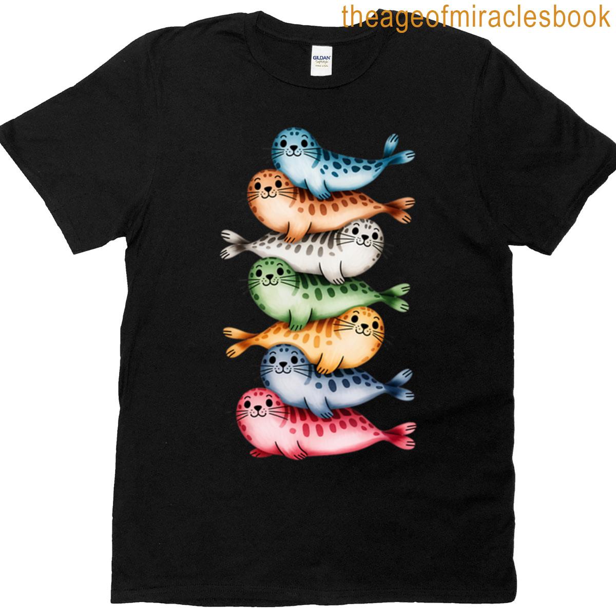 Colorful Cartoon Seals In A Stack T-shirt