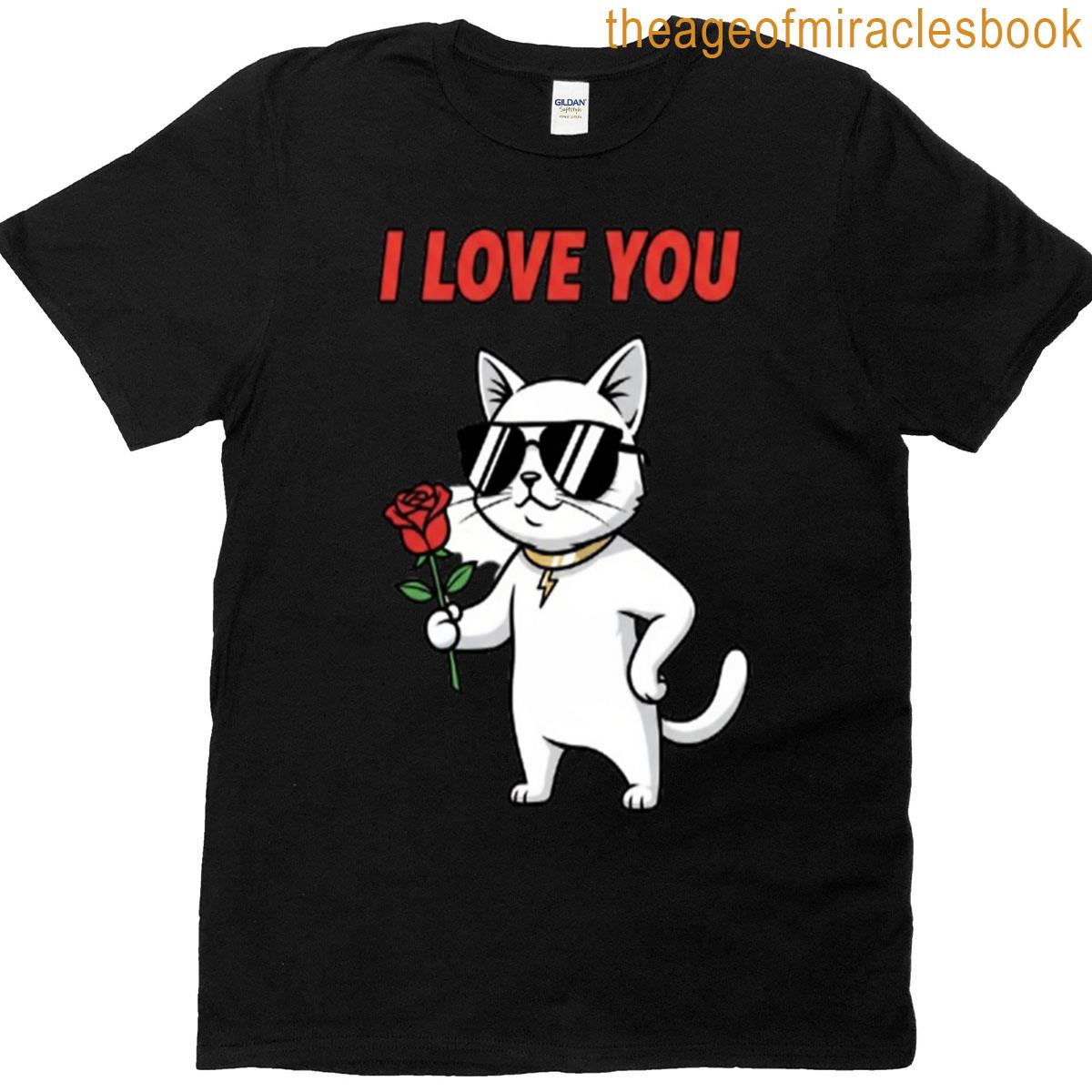 Cool Cat Love Romantic Cartoon With Rose T-shirt