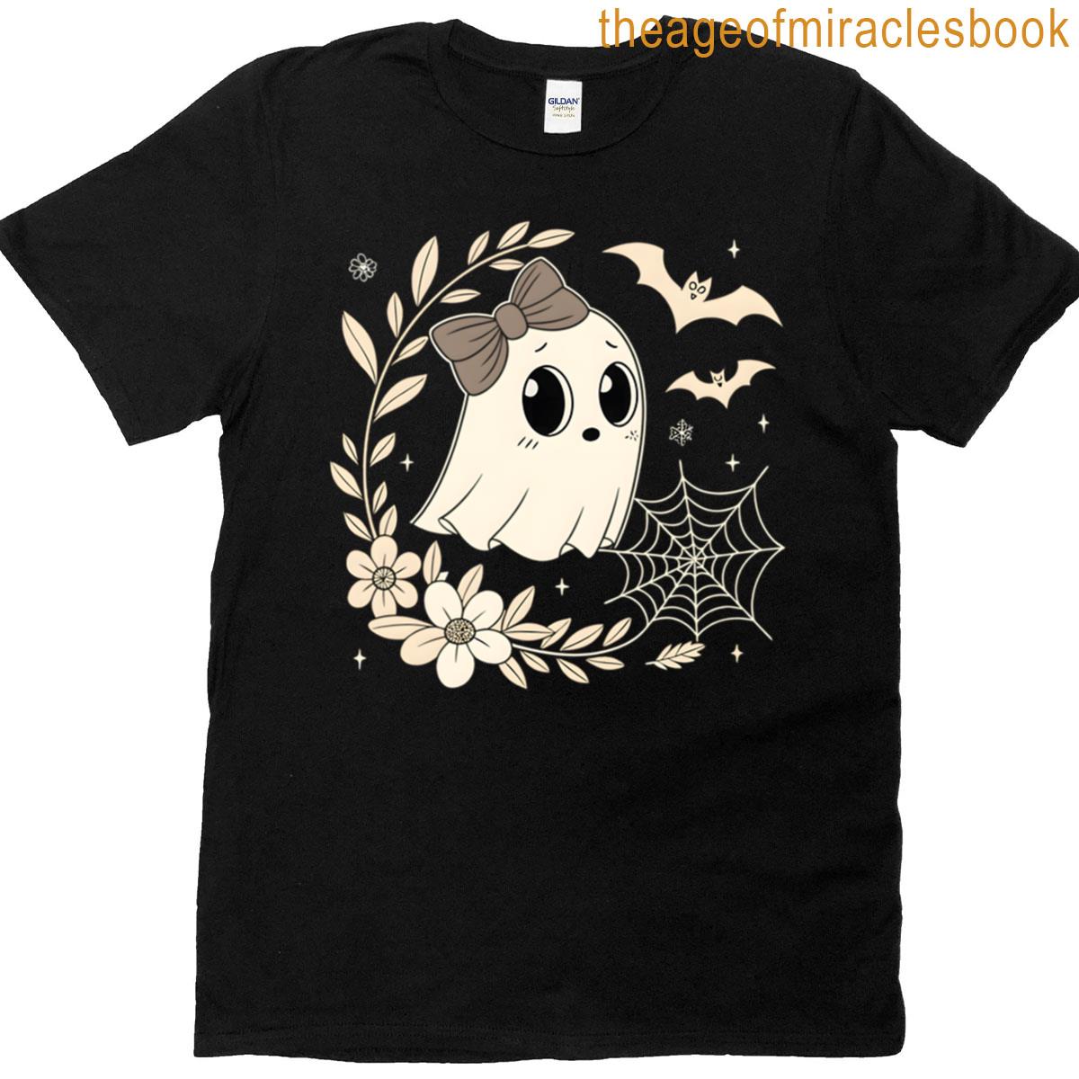 Cute Cartoon Ghost With Bow And Halloween Decorations Oversized T-shirt