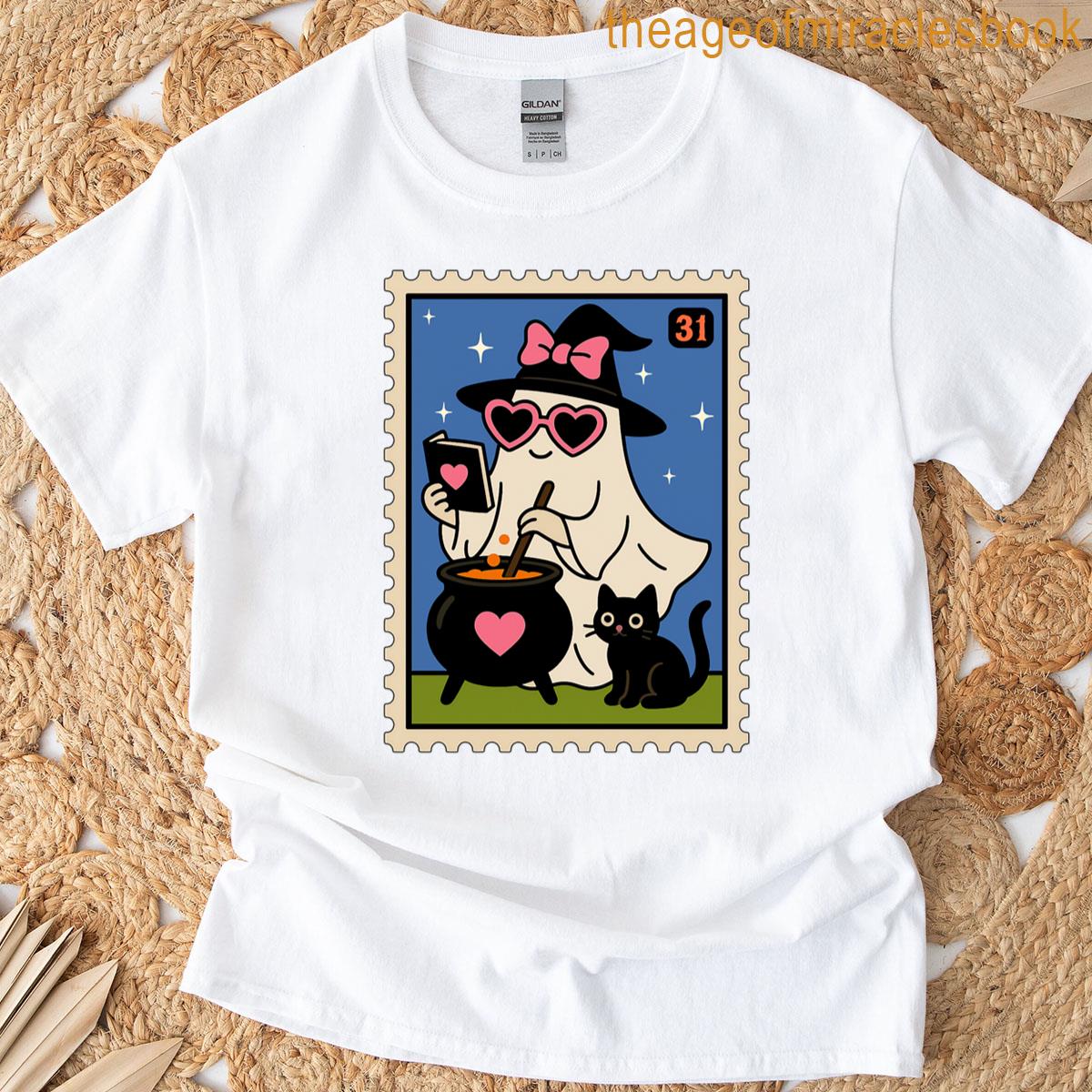 Cute Witchy Ghost Brewing Halloween Potion Stamp T-shirt