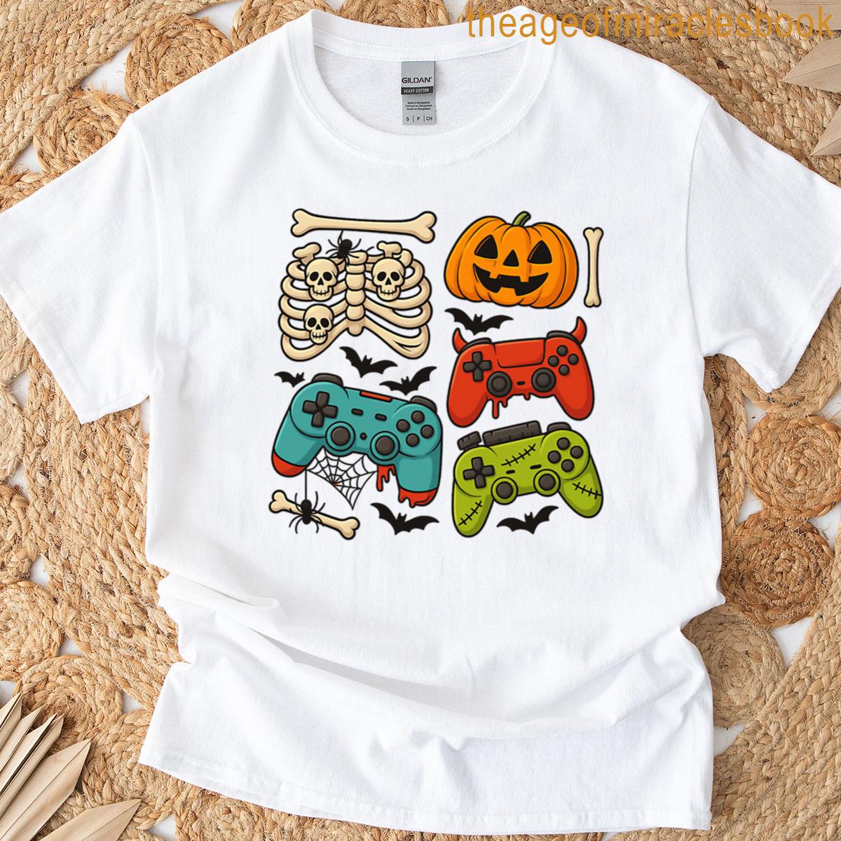 Gamer Halloween Spooky Controllers And Skeletons T-shirt