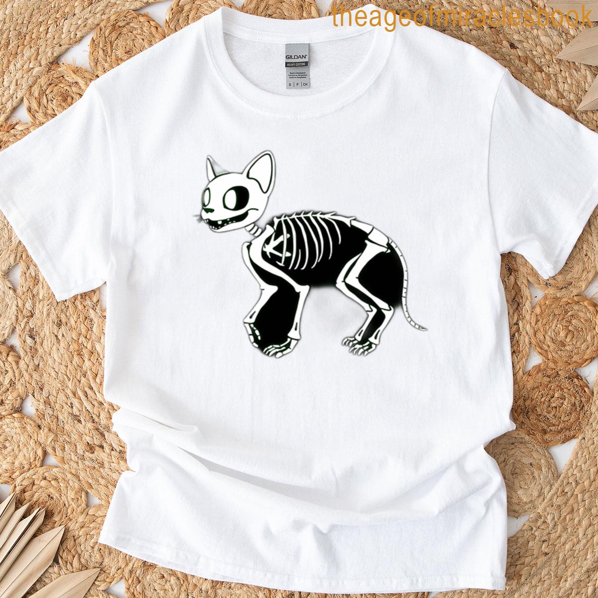 Glow-in-the-dark Skeletal Cat Illustration T-shirt