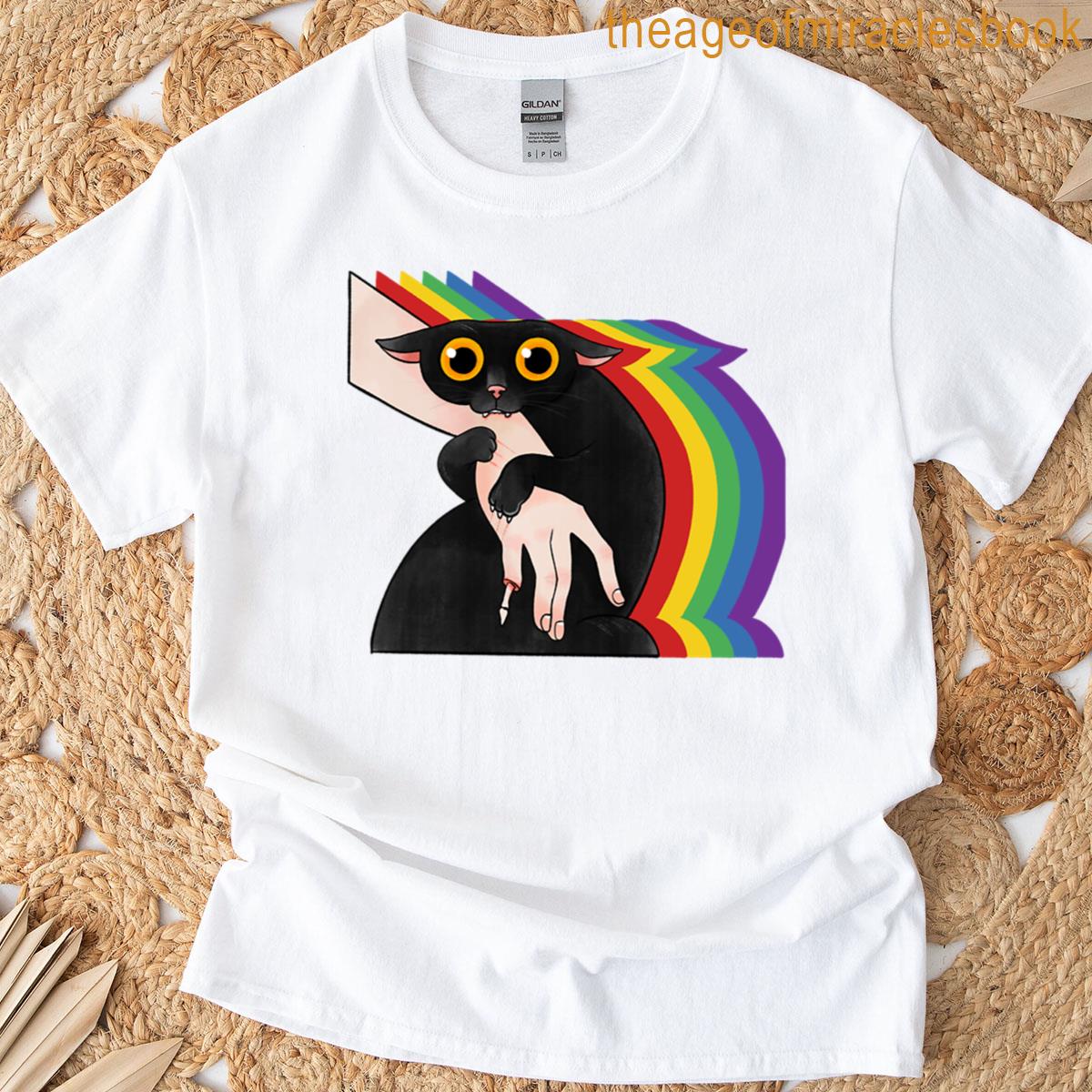 Rainbow Black Cat Bite Funny Creepy Cute Pride Illustration T-shirt